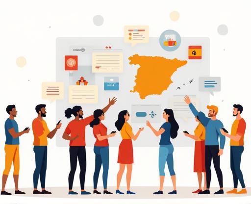 Illustration showing diverse people with Spanish flags or symbols, looking at a map and phone, symbolizing expats in Spain.