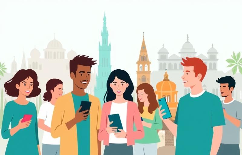Illustration of diverse people looking at mobile phones with Spanish landmarks in the background, symbolizing finding a plan in Spain.